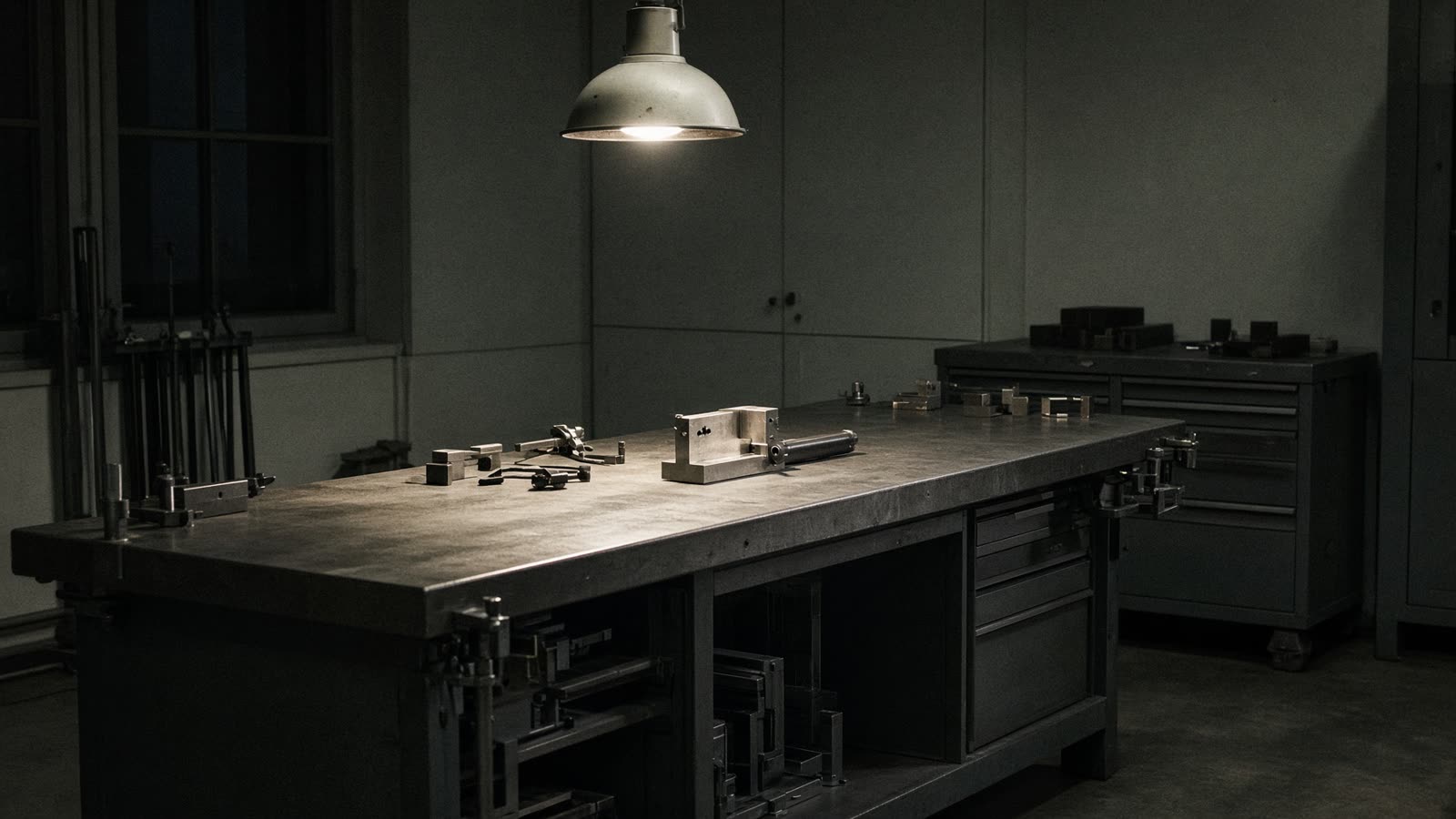 Leere Werkbank in einer Fachwerkstatt bei Nacht